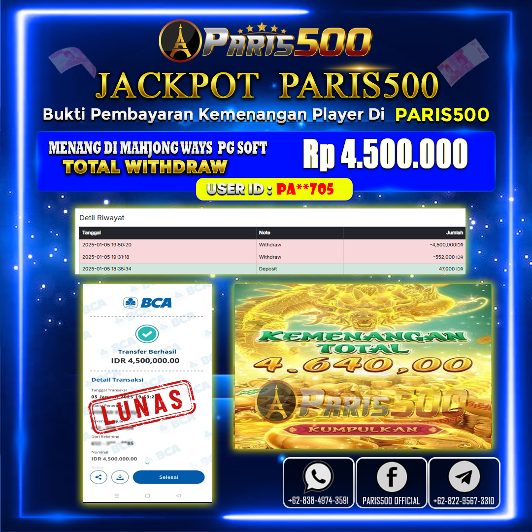 PARIS500 – DEPOSIT 47RIBU JP 4.6JT DI MAHJONG WAYS PG SOFT🤑🤑🤑