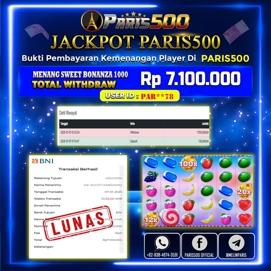 PARIS500 – JACKPOT SEBESAR 7.1JT DI SWEET BONANZA 1000 ✨✨✨