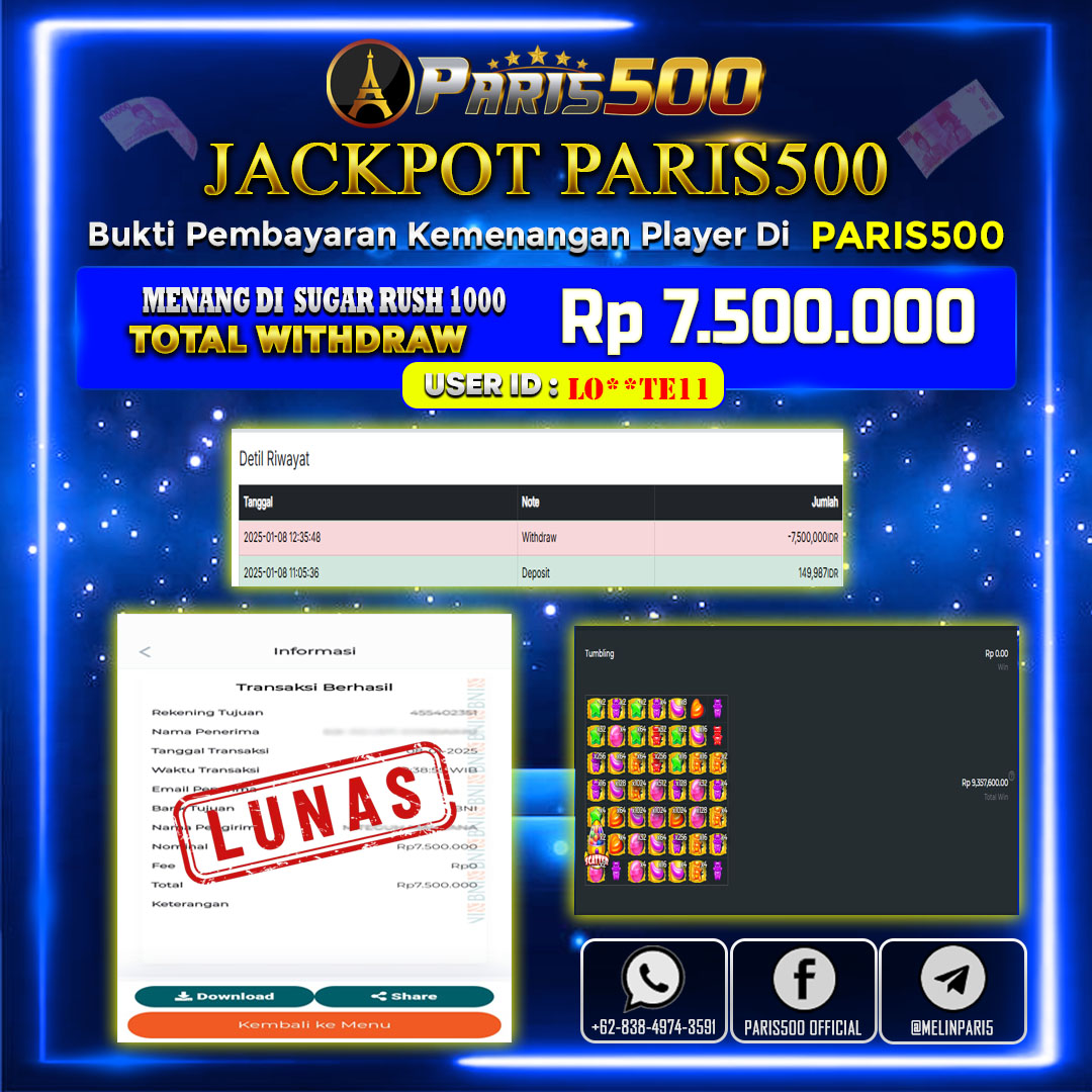 PARIS500 – JACKPOT SEBESAR 9.357.600 DI PERMAINAN SUGAR RUSH 1000🔥🔥🔥