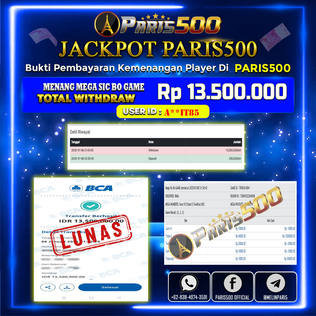 PARIS500 – JACKPOT SEBESAR 13.5JT DI PERMAINAN MEGA SIC BO GAME 💰💰💰