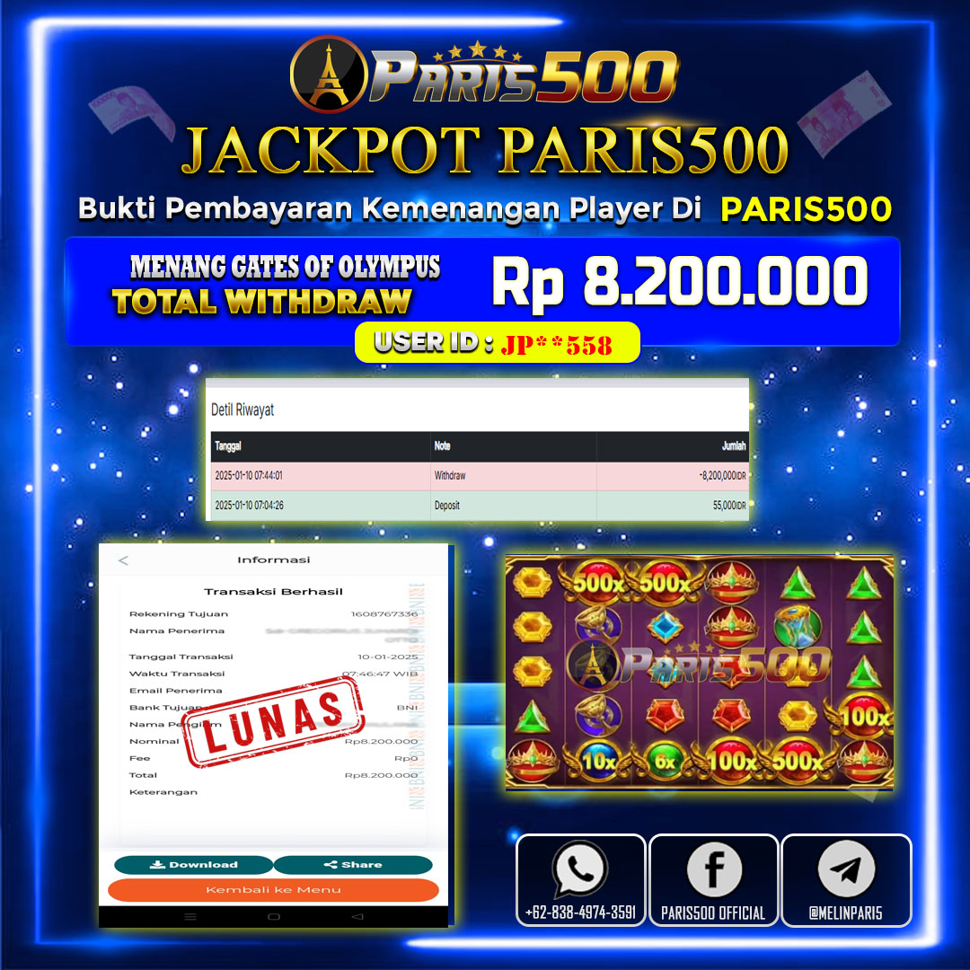 PARIS500 – JACKPOT SEBESAR 8.2JT DI PERMAINAN GATES OF OLYMPUS💰💰💰